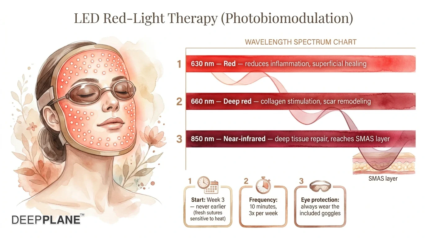 Red-light LED photobiomodulation therapy after deep plane facelift week 3 onward: woman wearing a red-light LED face mask with hexagonal LED dots glowing soft red; wavelength spectrum chart showing 630 nm red light reduces inflammation superficial healing, 660 nm deep red collagen stimulation scar remodeling, 850 nm near-infrared deep tissue repair reaches SMAS layer; start week 3 never earlier fresh sutures sensitive to heat; frequency 10 minutes three times per week; eye protection always wear the included goggles