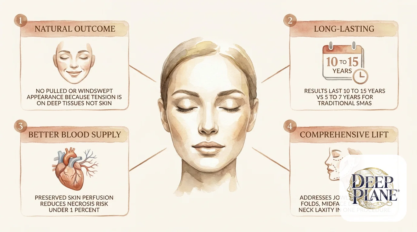 Four main benefits of deep plane facelift: natural outcome with no pulled or windswept appearance because tension is on deep tissues not skin, long-lasting results 10 to 15 years versus 5 to 7 years for traditional SMAS, better blood supply preserved skin perfusion reduces necrosis risk under 1 percent, comprehensive lift addresses jowls nasolabial folds midface descent and neck laxity in one procedure