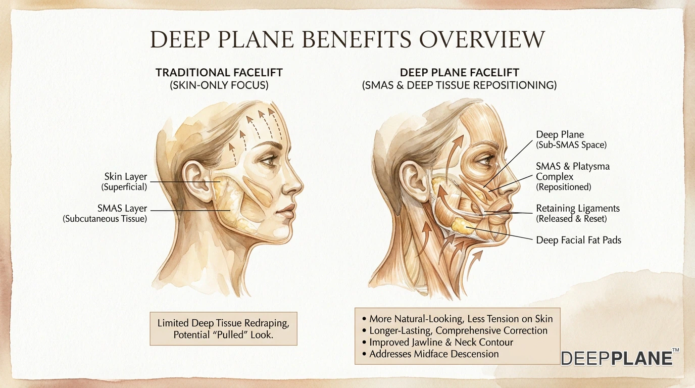 أربع فوائد رئيسية لـ deep plane facelift: نتيجة طبيعية بدون مظهر مشدود أو متطاير لأن الشد يكون على الأنسجة العميقة وليس الجلد، نتائج طويلة الأمد من 10 إلى 15 عامًا مقابل 5 إلى 7 سنوات لتقنيات SMAS التقليدية، إمداد دموي أفضل يحافظ على تروية الجلد ويقلل من خطر النخر إلى أقل من 1 بالمائة، شد شامل يعالج ترهلات الفك، الطيات الأنفية الشفوية، هبوط منتصف الوجه، وترهل الرقبة في إجراء واحد