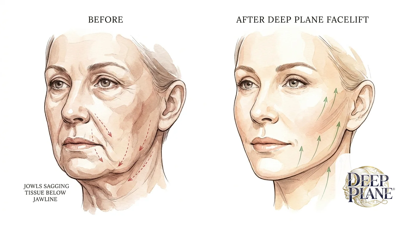 Jowls before and after deep plane facelift comparison: before panel shows aging female face with visible jowls along the lower jawline and soft sagging tissue between corner of mouth and jaw with red downward arrows; after panel shows the same patient with restored sharp clean jawline definition, jowls lifted, midface volume restored, with green upward arrows showing tissue repositioning