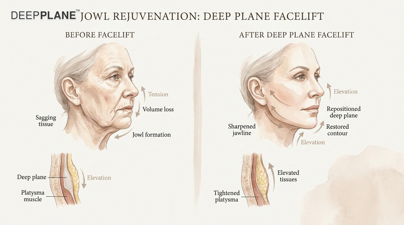 Jowls before and after deep plane facelift comparison: before panel shows aging female face with visible jowls along the lower jawline and soft sagging tissue between corner of mouth and jaw with red downward arrows; after panel shows the same patient with restored sharp clean jawline definition, jowls lifted, midface volume restored, with green upward arrows showing tissue repositioning