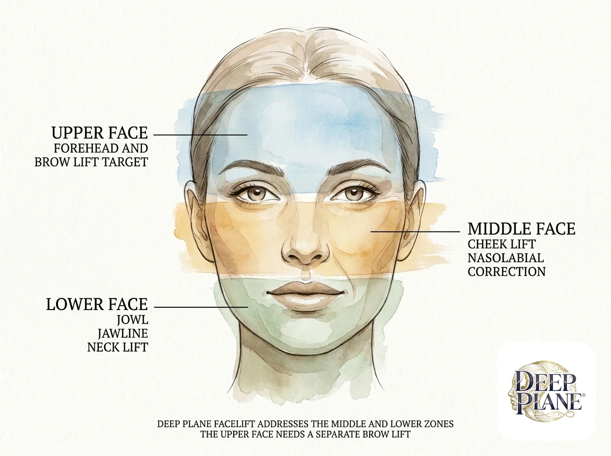 Three rejuvenation zones of the face: upper face forehead and brow lift target in soft blue, middle face cheek lift and nasolabial correction in soft amber, lower face jowl jawline and neck lift in soft green; deep plane facelift addresses the middle and lower zones, the upper face needs a separate brow lift