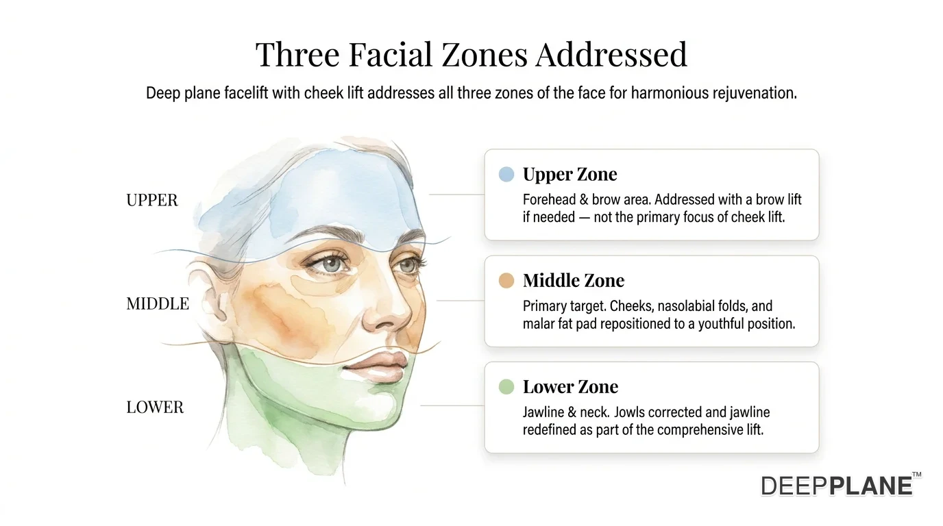 Three rejuvenation zones of the face: upper-face forehead and brow lift, midface cheek, and lower face — showing which zones endoscopic versus deep plane technique addresses.