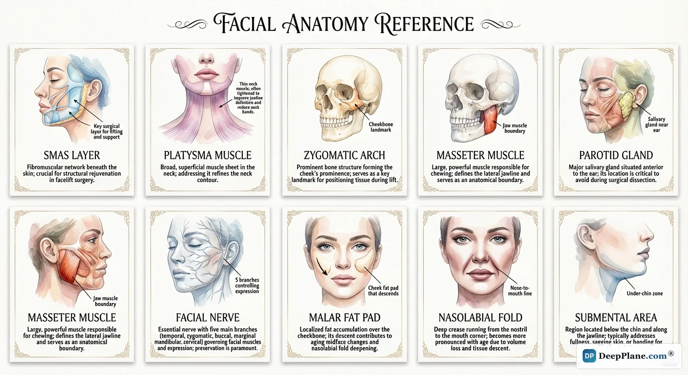 Comprehensive facial anatomy reference diagram showing key structures relevant to facelift surgery including SMAS layer, platysma muscle, facial nerve branches, parotid gland, and zygomatic arch