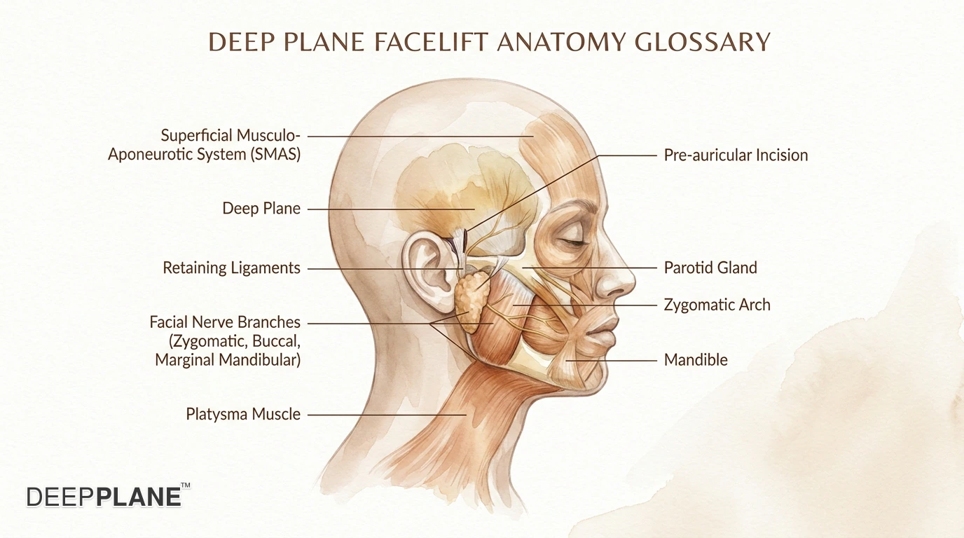 Comprehensive facial anatomy reference diagram showing key structures relevant to facelift surgery including SMAS layer, platysma muscle, facial nerve branches, parotid gland, and zygomatic arch