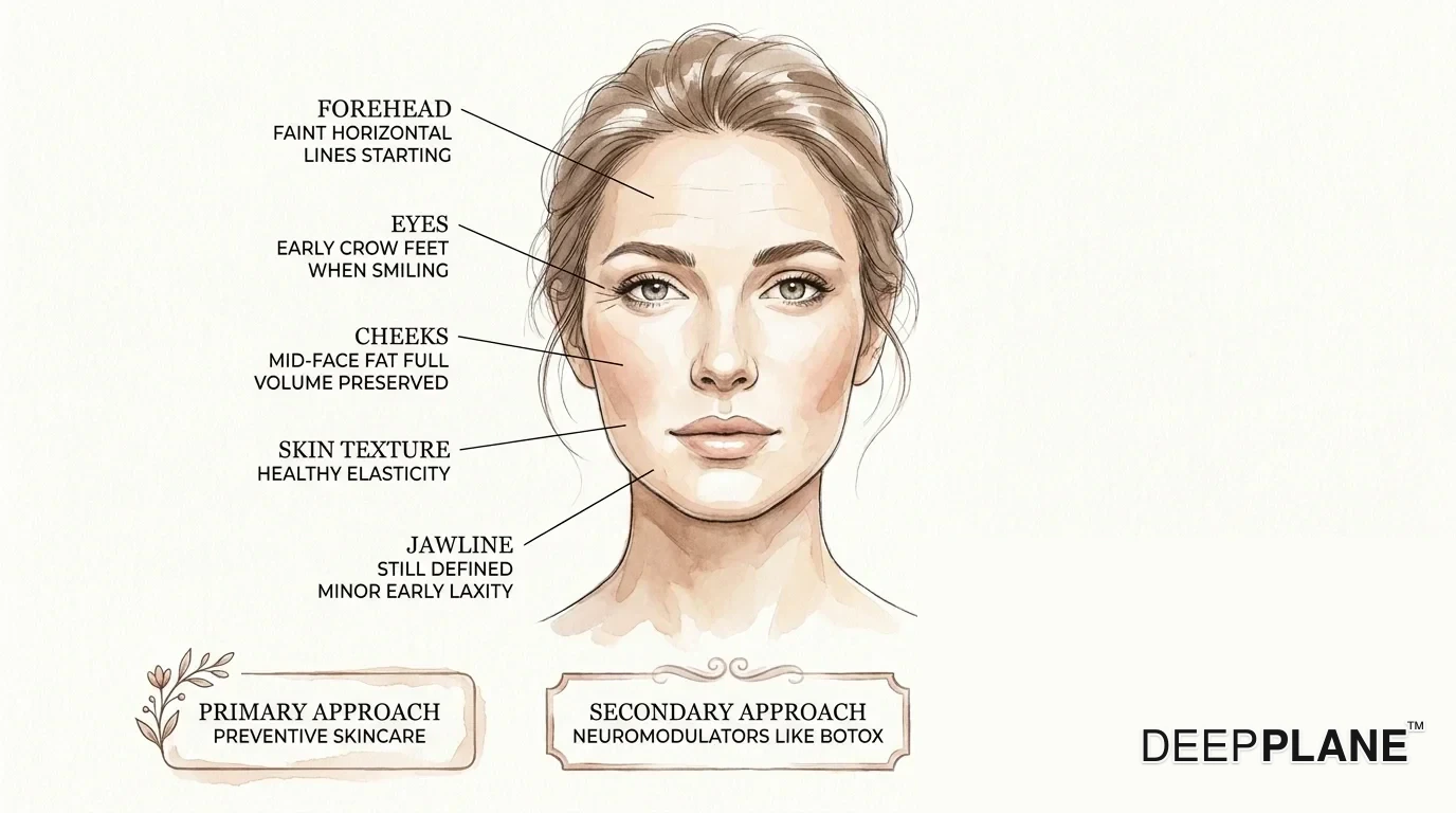 Facial aging considerations in the 30s with annotations on early forehead lines, crow's feet, preserved cheek volume, healthy skin elasticity, and minor early jawline laxity; primary approach preventive skincare with neuromodulators, not yet facelift indication for most