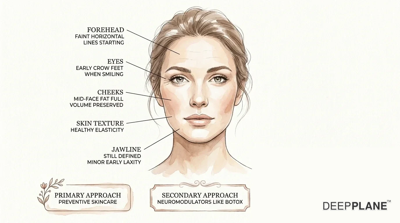 Facial aging considerations in the 30s with annotations on early forehead lines, crow's feet, preserved cheek volume, healthy skin elasticity, and minor early jawline laxity; primary approach preventive skincare with neuromodulators, not yet facelift indication for most