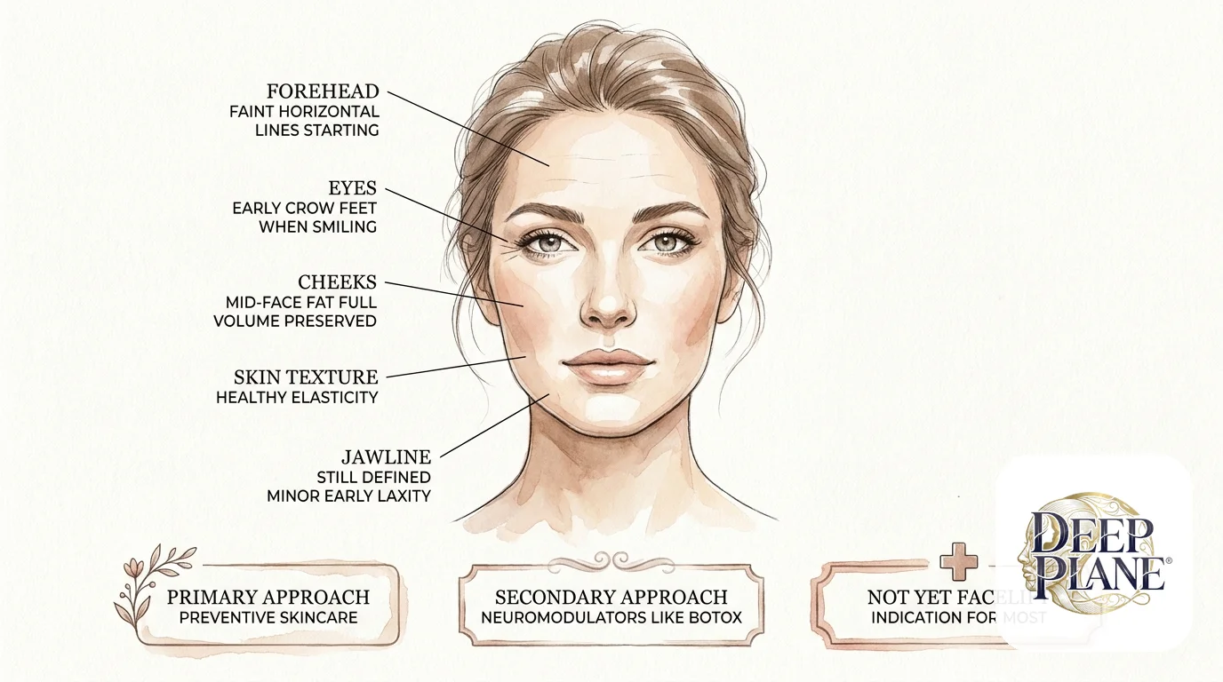 Facial aging considerations in the 30s with annotations on early forehead lines, crow's feet, preserved cheek volume, healthy skin elasticity, and minor early jawline laxity; primary approach preventive skincare with neuromodulators, not yet facelift indication for most