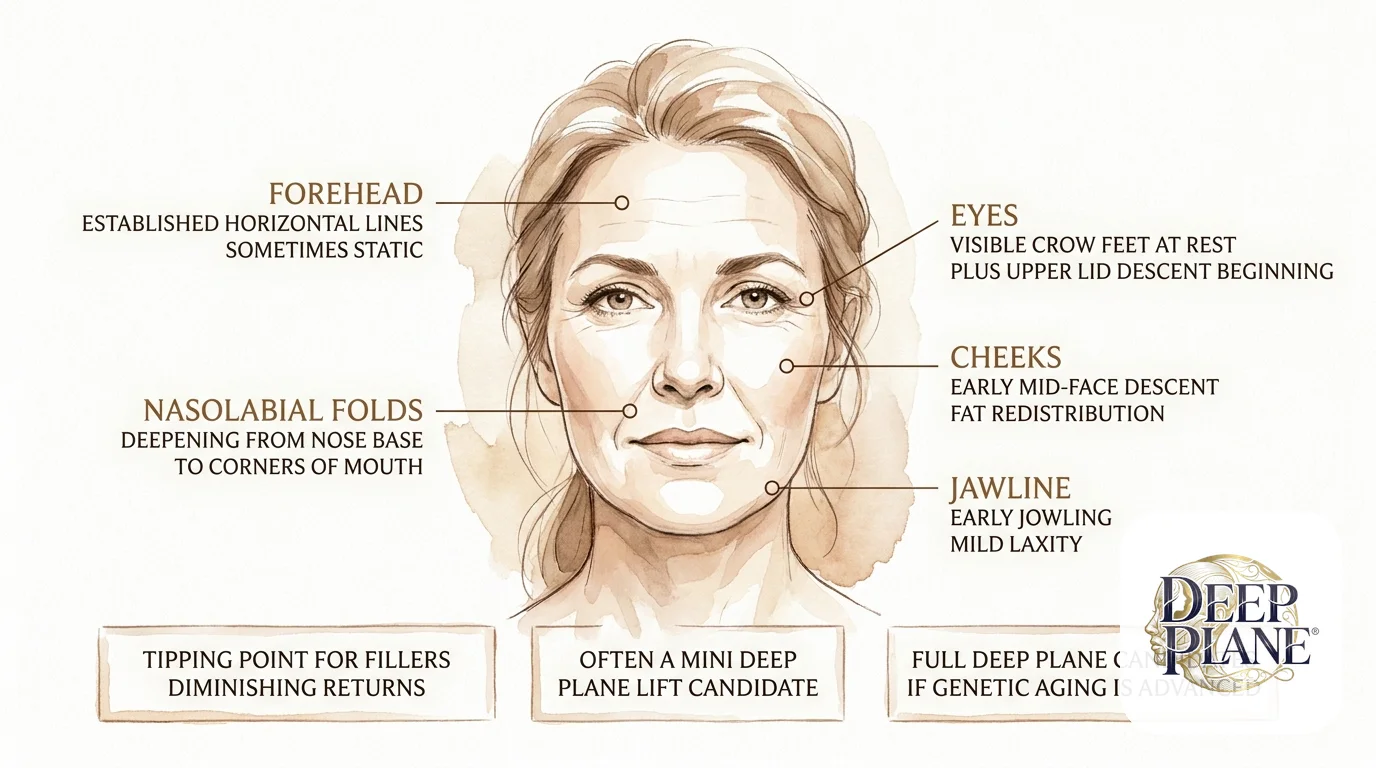 Facial aging considerations in the 40s with annotations on established horizontal forehead lines, visible crow's feet at rest, deepening nasolabial folds, early mid-face descent, and early jowling; tipping point for fillers, often a mini deep plane lift candidate