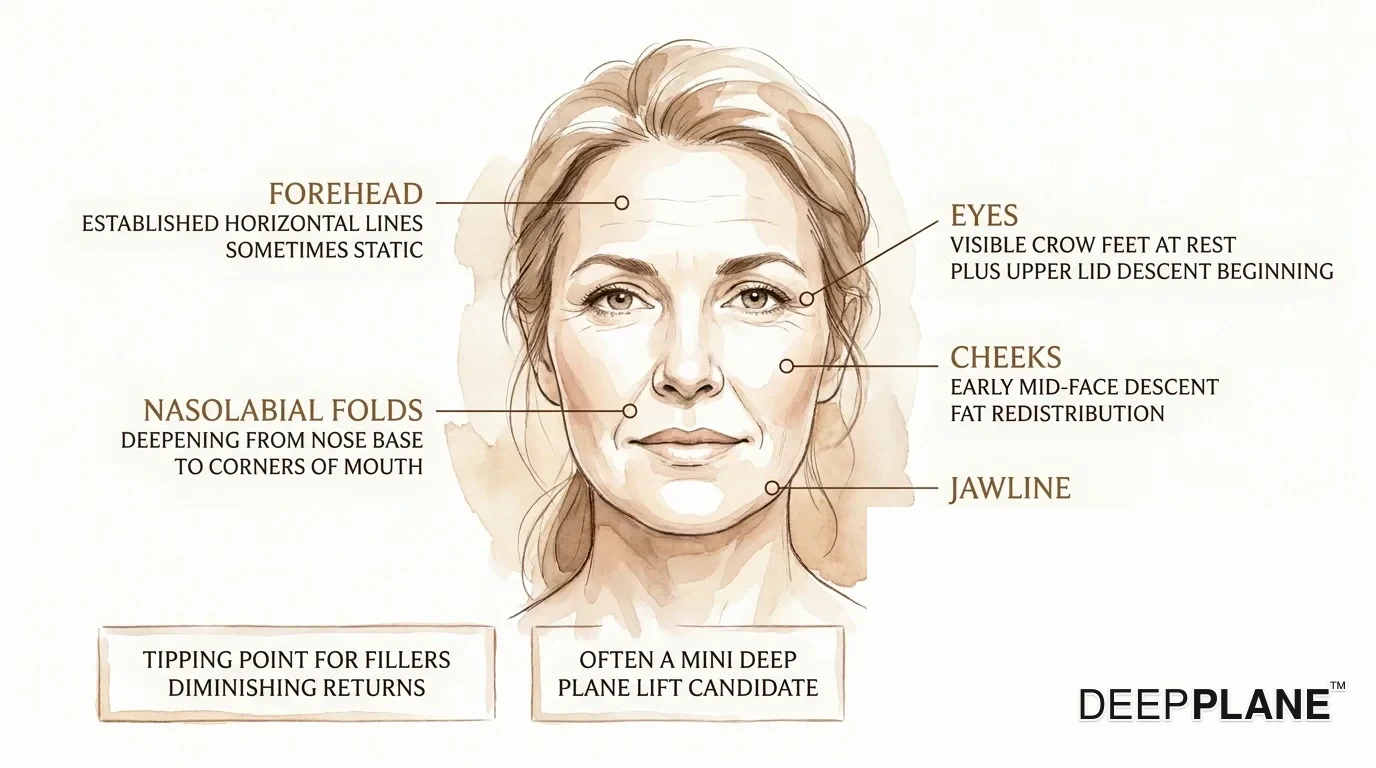 Facial aging considerations in the 40s with annotations on established horizontal forehead lines, visible crow's feet at rest, deepening nasolabial folds, early mid-face descent, and early jowling; tipping point for fillers, often a mini deep plane lift candidate