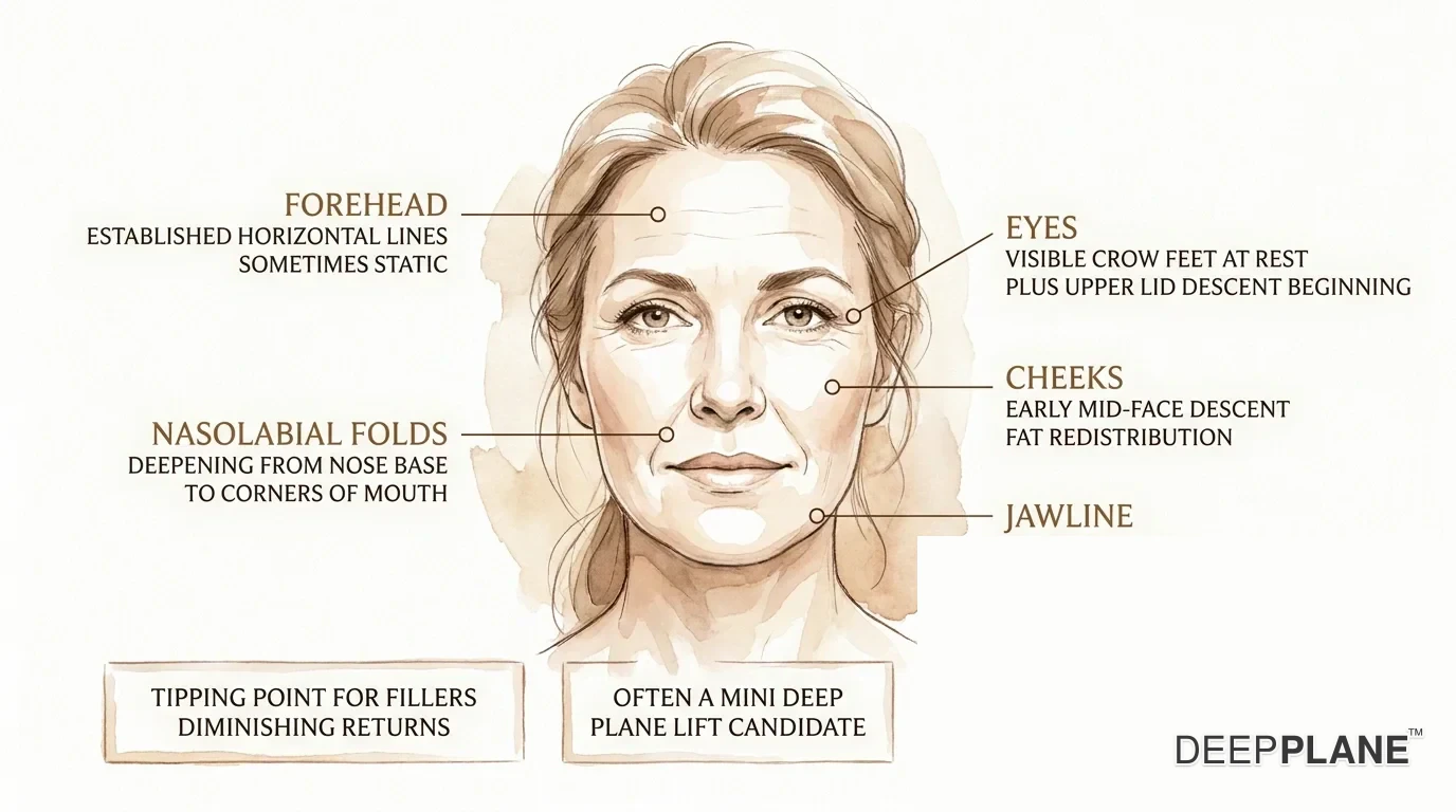 Facial aging considerations in the 40s with annotations on established horizontal forehead lines, visible crow's feet at rest, deepening nasolabial folds, early mid-face descent, and early jowling; tipping point for fillers, often a mini deep plane lift candidate