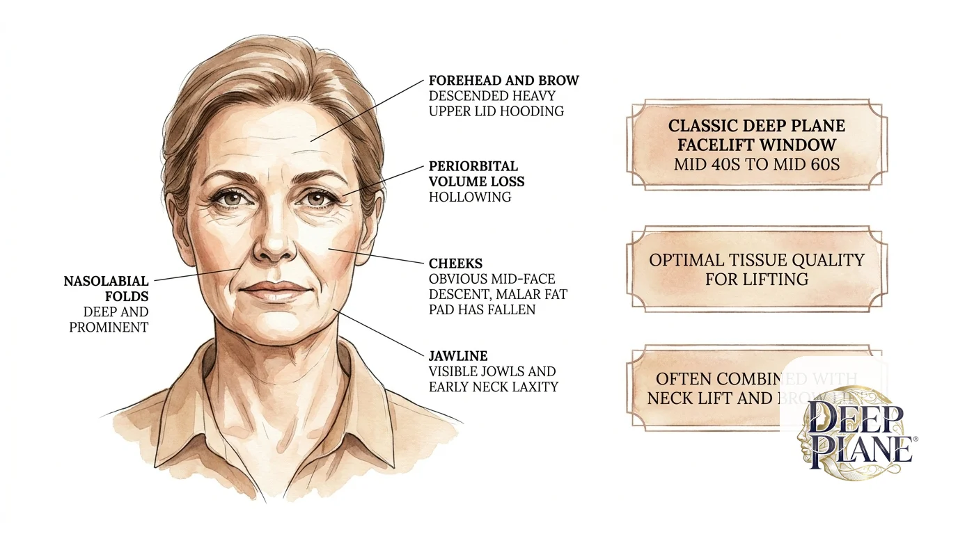 Facial aging considerations in the 50s with annotations on heavy upper lid hooding, periorbital volume loss, deep nasolabial folds, obvious mid-face descent and fallen malar fat pad, visible jowls and early neck laxity; classic deep plane facelift window with optimal tissue quality