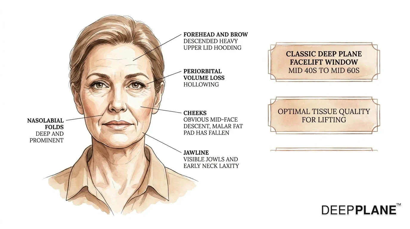 Facial aging considerations in the 50s with annotations on heavy upper lid hooding, periorbital volume loss, deep nasolabial folds, obvious mid-face descent and fallen malar fat pad, visible jowls and early neck laxity; classic deep plane facelift window with optimal tissue quality