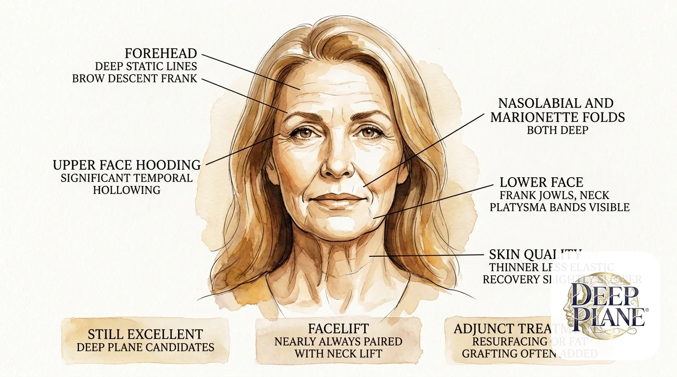 Facial aging considerations in the 60s with annotations on deep static forehead lines and brow descent, significant temporal hollowing, deep nasolabial and marionette folds, frank jowls and visible platysma neck bands, thinner less elastic skin; still excellent deep plane candidates, almost always paired with neck lift