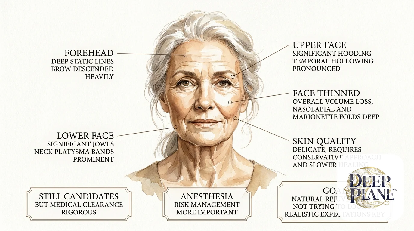 Facial aging considerations in the 70s with annotations on deep static lines, significant hooding and pronounced temporal hollowing, deep nasolabial and marionette folds, prominent jowls and platysma bands, delicate thin skin requiring conservative approach; still candidates with rigorous medical clearance, goal natural rejuvenation not trying to look 50