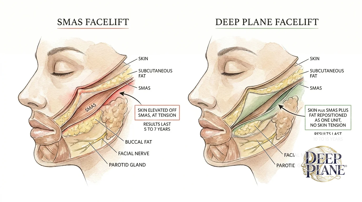 Anatomical cross-section comparison: SMAS facelift on the left dissects between skin and SMAS (skin elevated off SMAS at tension, results 5-7 years), deep plane facelift on the right dissects beneath SMAS between SMAS and parotid fascia (skin plus SMAS plus fat repositioned as one unit with no skin tension, results 10-15 years); both diagrams show labeled tissue layers including skin, subcutaneous fat, SMAS, buccal fat, facial nerve, parotid gland