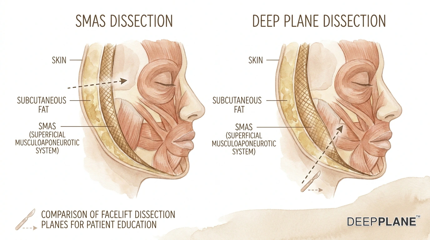 Anatomical cross-section comparing the SMAS facelift dissection plane with the deeper deep plane facelift dissection plane.