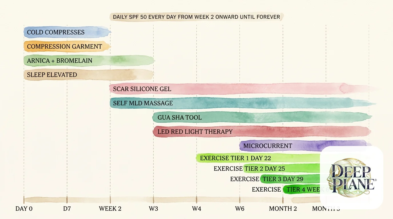 Complete adjunct schedule from day 0 to month 3 after deep plane facelift: cold compresses days 0-3, compression garment days 0-7, arnica + bromelain days 0-14, sleep elevated days 0-14, scar silicone gel week 2 to month 6, self-MLD massage week 2 to month 3, gua sha tool week 3+, LED red light therapy week 3+, microcurrent week 6+, exercise tier 1 day 22, tier 2 day 25, tier 3 day 29, tier 4 week 6+; daily SPF 50 every day from week 2 onward
