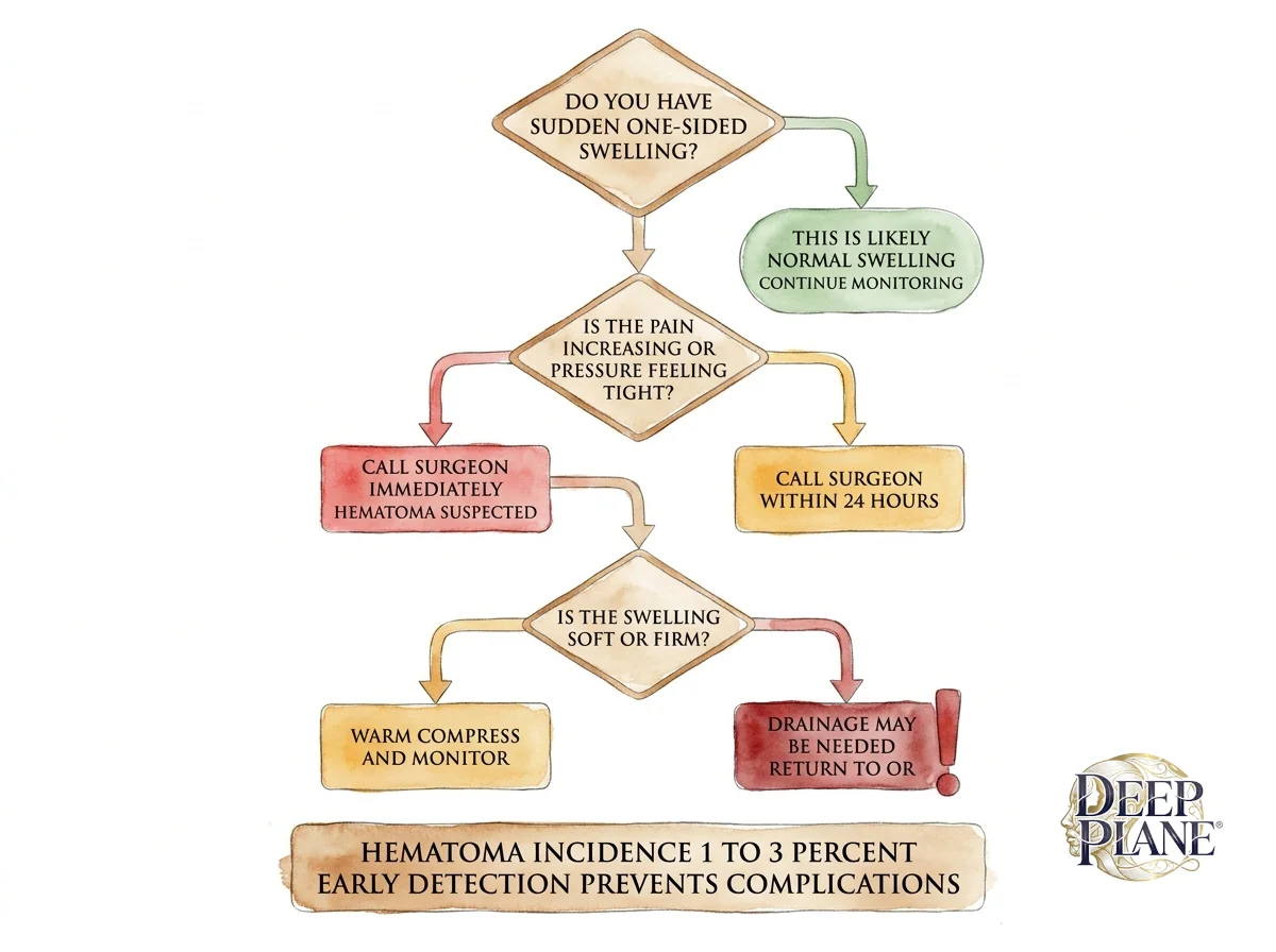 Hematoma triage decision tree after deep plane facelift: sudden one-sided swelling? if no, likely normal swelling continue monitoring; if yes, is the pain increasing or pressure feeling tight? if no, call surgeon within 24 hours; if yes, call surgeon immediately hematoma suspected; is the swelling soft or firm? firm requires drainage may be needed return to OR, soft warm compress and monitor; hematoma incidence 1 to 3 percent, early detection prevents complications