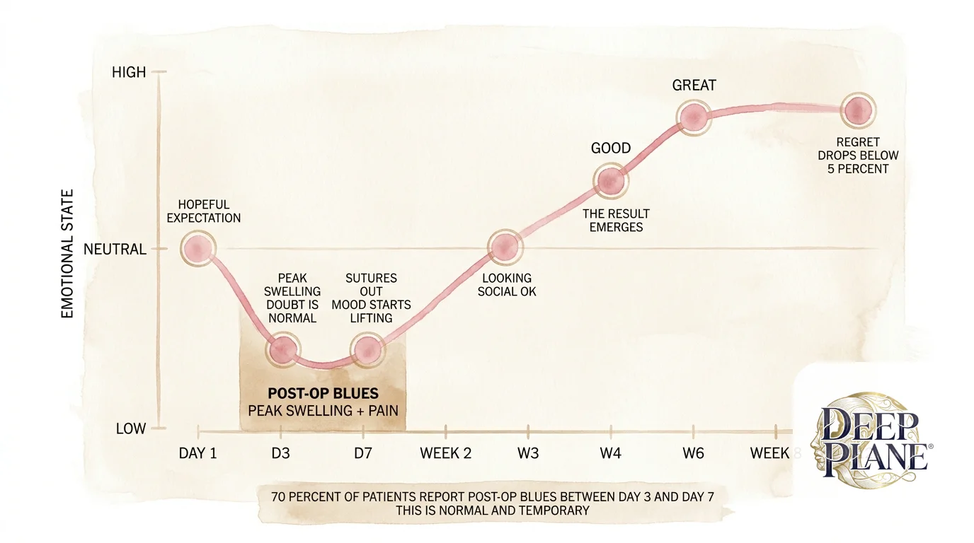 Post-op emotional curve over 12 weeks after deep plane facelift: starts at neutral on day 1 with hopeful expectation, drops sharply to low between day 3 and day 7 labeled post-op blues with peak swelling and pain, slowly rises back to neutral by week 2, climbs to good by week 4 once swelling resolves and the result emerges, peaks at great by week 6 to 12 with regret dropping below 5 percent; 70 percent of patients report post-op blues between day 3 and day 7 — this is normal and temporary