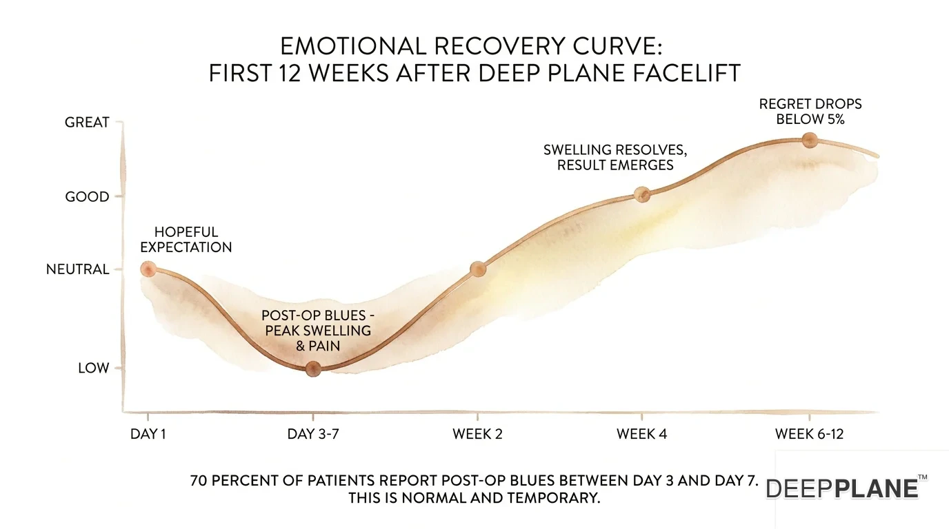Post-op emotional curve over 12 weeks after deep plane facelift: starts at neutral on day 1 with hopeful expectation, drops sharply to low between day 3 and day 7 labeled post-op blues with peak swelling and pain, slowly rises back to neutral by week 2, climbs to good by week 4 once swelling resolves and the result emerges, peaks at great by week 6 to 12 with regret dropping below 5 percent; 70 percent of patients report post-op blues between day 3 and day 7 — this is normal and temporary