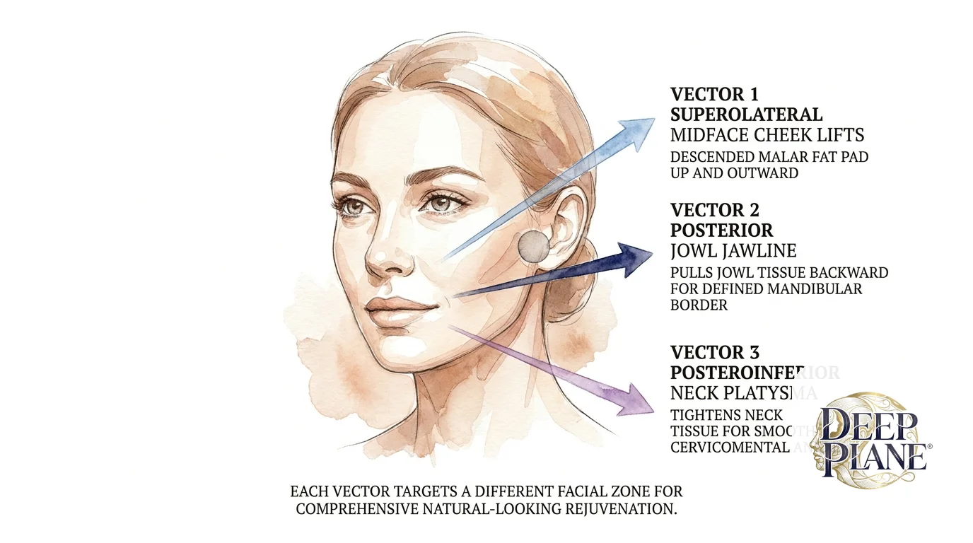 Three lift vectors of extended deep plane facelift on a lateral face view: vector 1 superolateral 45-60 degrees lifts descended malar fat pad upward and outward toward the cheekbone (midface/cheek), vector 2 posterior 30-45 degrees pulls jowl tissue backward toward the ear for a defined mandibular border (jowl/jawline), vector 3 posteroinferior 15-30 degrees tightens neck tissue for a smooth cervicomental angle (neck/platysma)