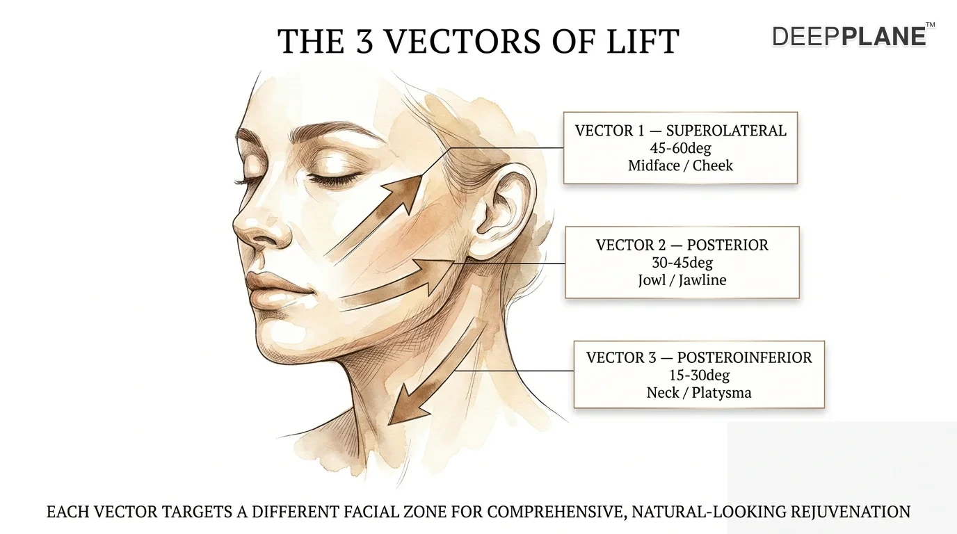 Three lift vectors of extended deep plane facelift on a lateral face view: vector 1 superolateral 45-60 degrees lifts descended malar fat pad upward and outward toward the cheekbone (midface/cheek), vector 2 posterior 30-45 degrees pulls jowl tissue backward toward the ear for a defined mandibular border (jowl/jawline), vector 3 posteroinferior 15-30 degrees tightens neck tissue for a smooth cervicomental angle (neck/platysma)