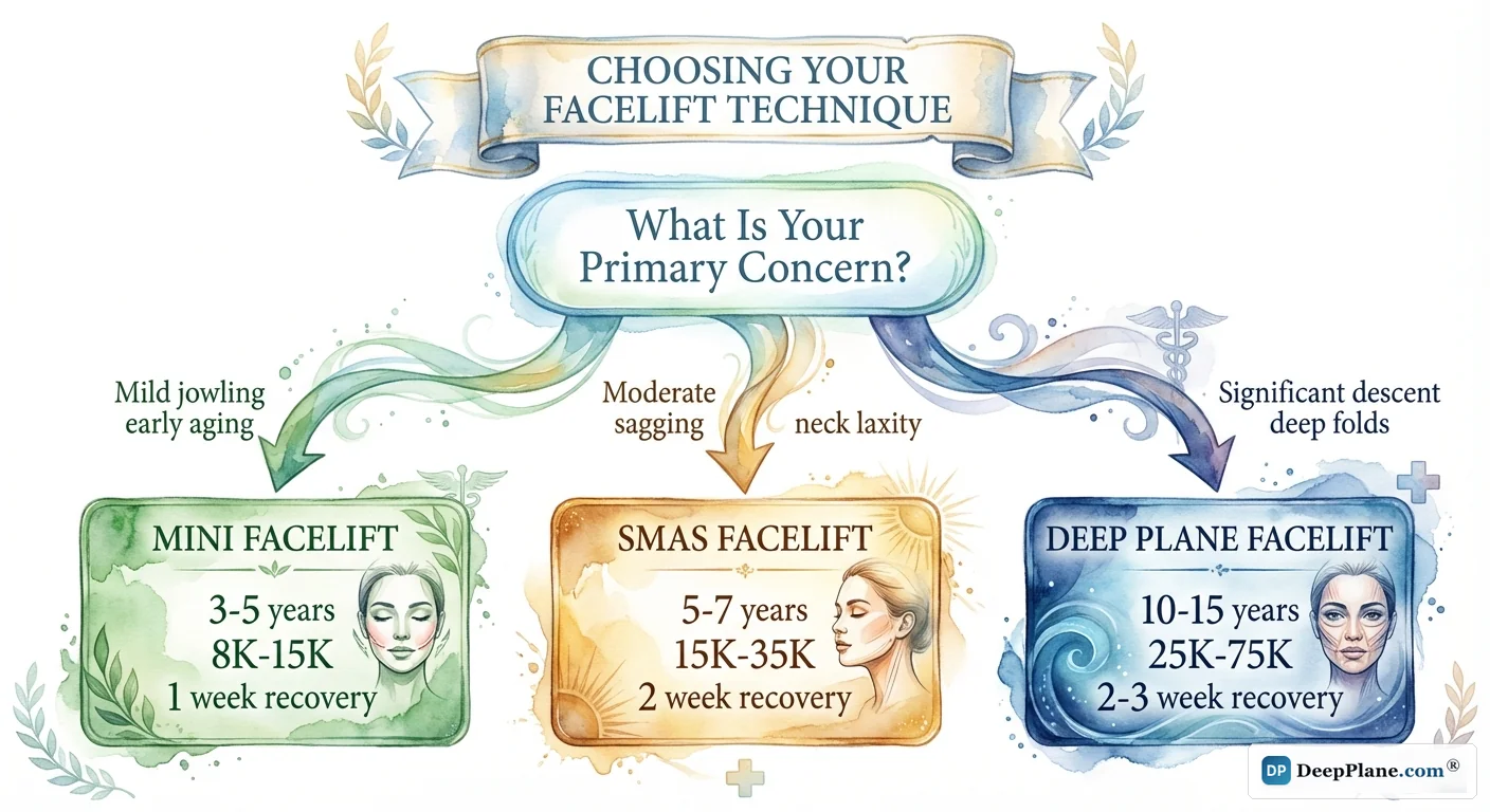 Facelift technique decision flowchart showing how primary concerns like mild jowling, moderate sagging, or significant descent lead to mini, SMAS, or deep plane facelift recommendations with costs and recovery times