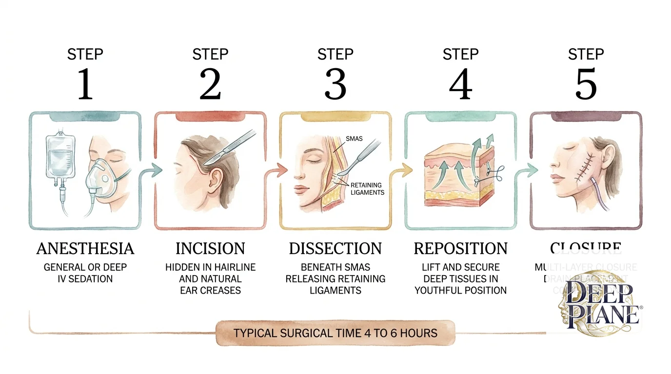 Five steps of deep plane facelift surgery: step 1 anesthesia general or deep IV sedation, step 2 incision hidden in hairline and natural ear creases, step 3 dissection beneath SMAS layer releasing retaining ligaments, step 4 reposition lift and secure deep tissues in youthful position, step 5 closure multi-layer with drain placement and compression; typical surgical time 4 to 6 hours