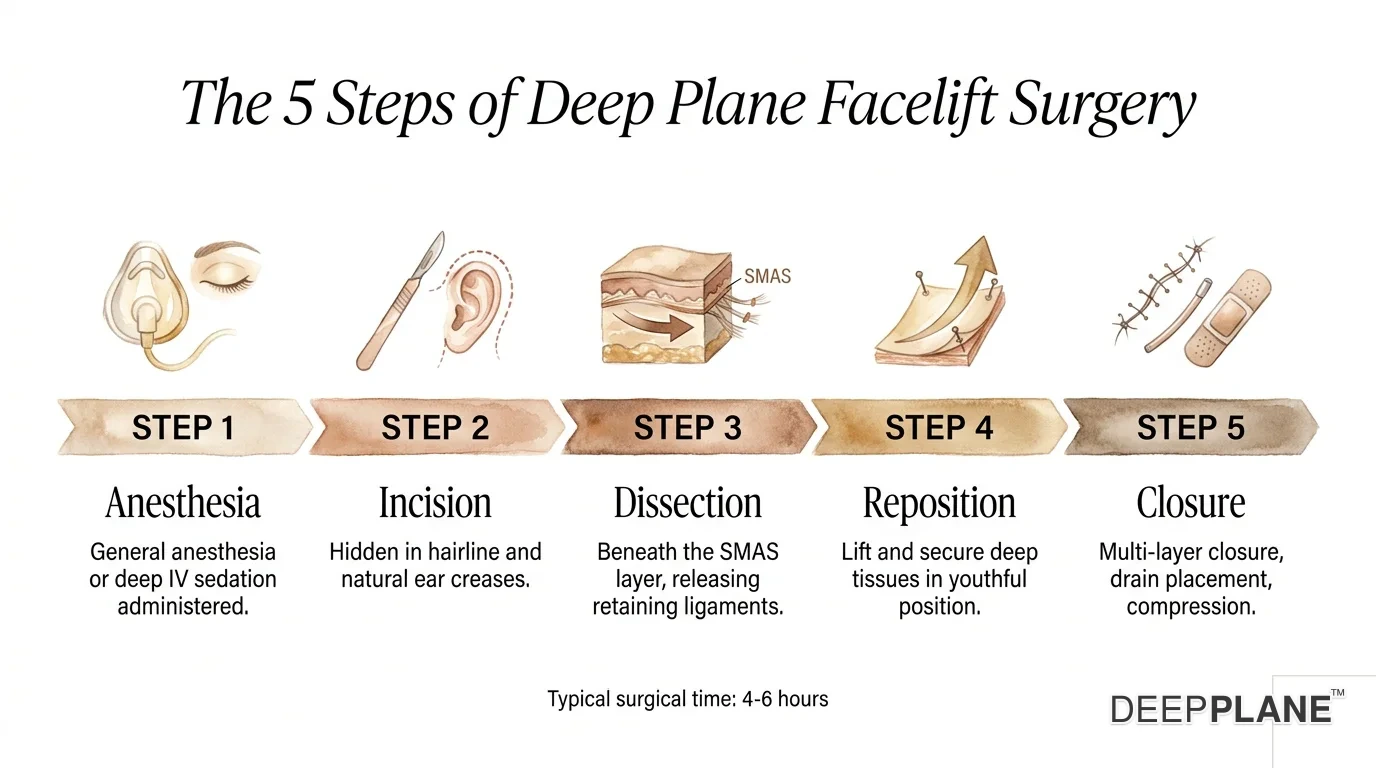 Five steps of deep plane facelift surgery: step 1 anesthesia general or deep IV sedation, step 2 incision hidden in hairline and natural ear creases, step 3 dissection beneath SMAS layer releasing retaining ligaments, step 4 reposition lift and secure deep tissues in youthful position, step 5 closure multi-layer with drain placement and compression; typical surgical time 4 to 6 hours