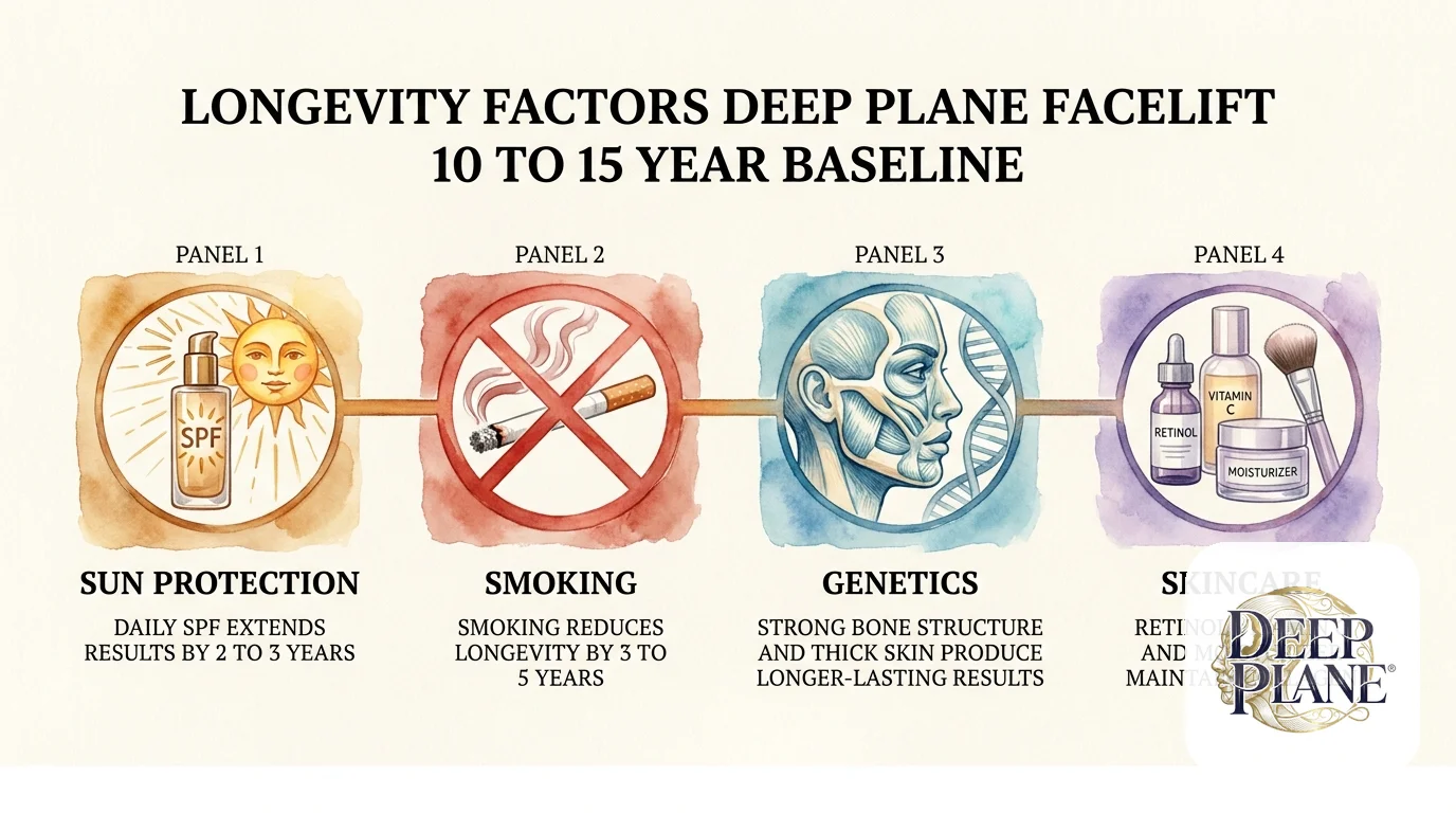 Four lifestyle factors that affect deep plane facelift longevity: sun protection daily SPF extends results by 2 to 3 years, smoking reduces longevity by 3 to 5 years, genetics with strong bone structure and thick skin produce longer-lasting results, skincare with retinol vitamin C and moisturizer maintains collagen; deep plane facelift 10 to 15 year baseline