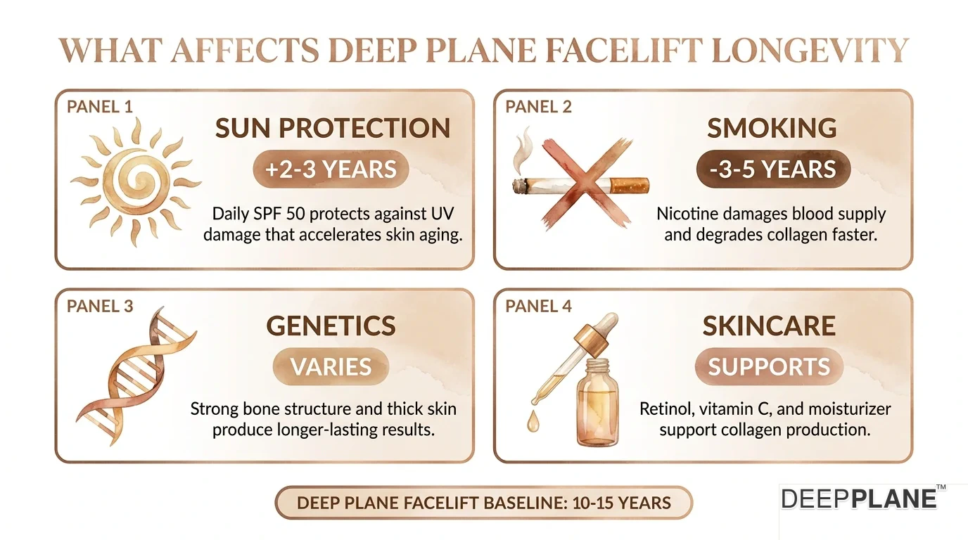 Four lifestyle factors that affect deep plane facelift longevity: sun protection daily SPF extends results by 2 to 3 years, smoking reduces longevity by 3 to 5 years, genetics with strong bone structure and thick skin produce longer-lasting results, skincare with retinol vitamin C and moisturizer maintains collagen; deep plane facelift 10 to 15 year baseline