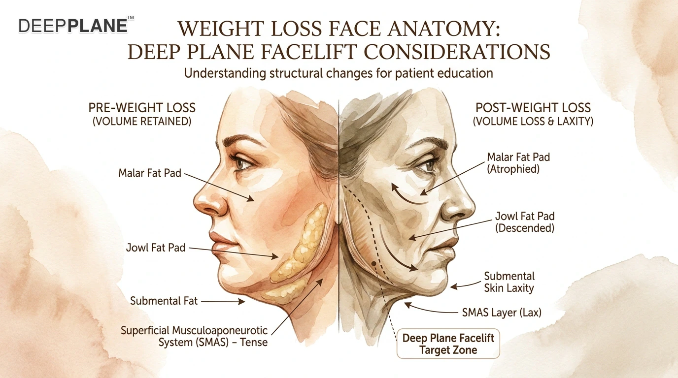 Anatomical diagram showing the malar fat pad, buccal fat pad, and deep medial cheek fat in their pre-weight-loss position.