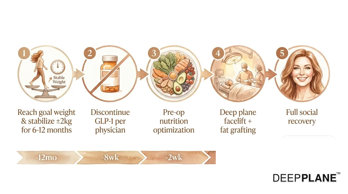 Horizontale medizinische Zeitleiste mit fünf nummerierten Phasen: Erreichen des Zielgewichts und Stabilisierung innerhalb von ±2 kg für 6 bis 12 Monate, Absetzen der GLP-1-Medikation 4 bis 8 Wochen vor der Operation, präoperative Ernährungsoptimierung 1 bis 2 Wochen vorab, deep plane Facelift mit Fetttransplantation an Tag null, vollständige soziale Genesung bis Woche 6