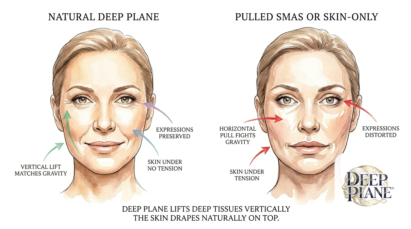 Side-by-side comparison of natural deep plane vs pulled SMAS or skin-only facelift: deep plane uses vertical lift matching gravity, skin under no tension, expressions preserved; pulled approach uses horizontal pull fighting gravity, skin under tension, expressions distorted; deep plane lifts deep tissues vertically and the skin drapes naturally on top