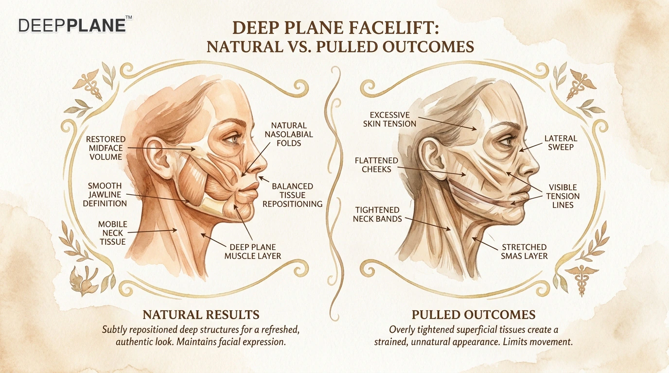 Comparație cot la cot între deep plane natural și liftingul SMAS sau doar al pielii: deep plane folosește o ridicare verticală care se potrivește cu gravitația, pielea nu este sub tensiune, expresiile sunt păstrate; abordarea trasă folosește o tracțiune orizontală care luptă împotriva gravitației, pielea este sub tensiune, expresiile sunt distorsionate; deep plane ridică țesuturile profunde vertical, iar pielea se așează natural deasupra