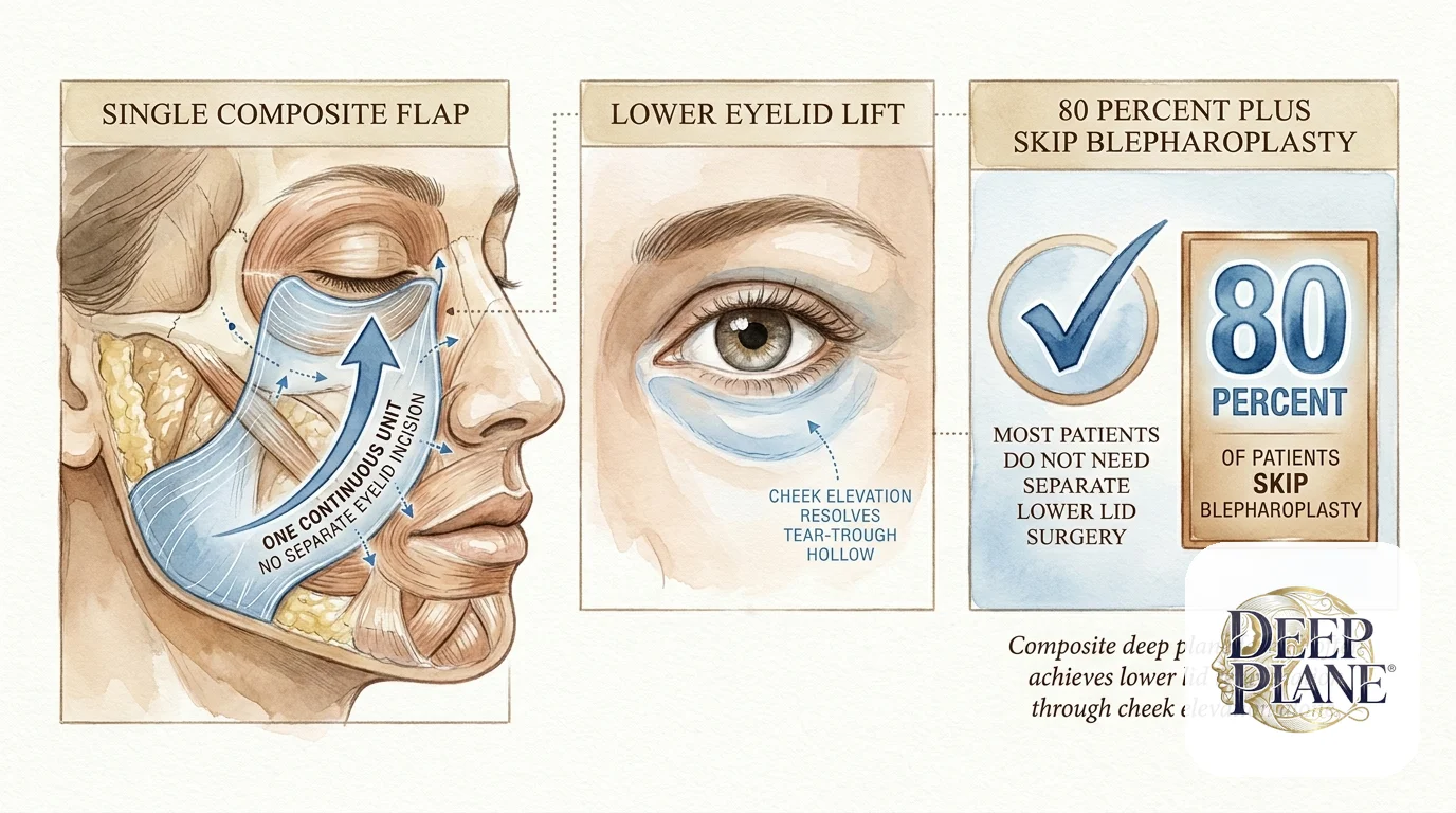 Composite deep plane facelift extending into the lower eyelid as a single composite flap: single composite flap with skin SMAS and orbicularis oculi as one unit no separate eyelid incision; lower eyelid lift cheek elevation resolves tear-trough hollow; 80 percent plus of patients skip blepharoplasty because the composite flap corrects periorbital aging