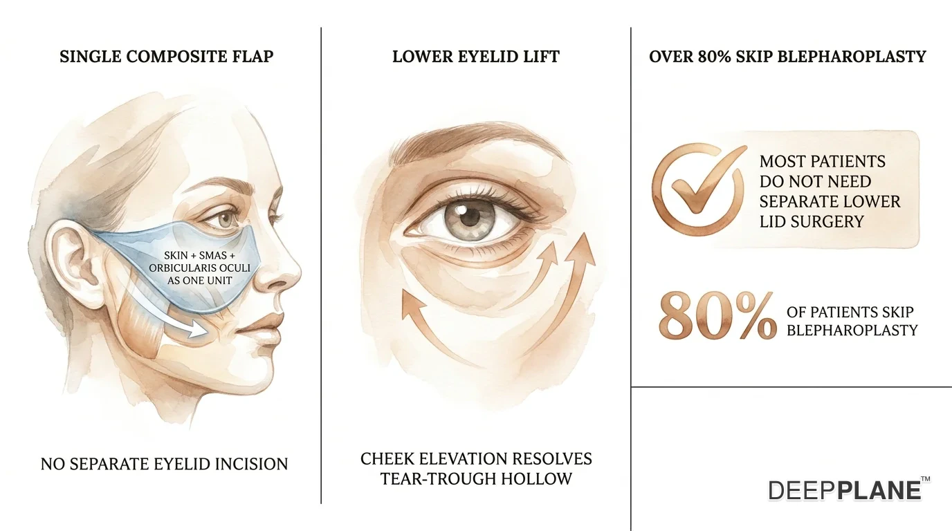 Composite deep plane facelift extending into the lower eyelid as a single composite flap: single composite flap with skin SMAS and orbicularis oculi as one unit no separate eyelid incision; lower eyelid lift cheek elevation resolves tear-trough hollow; 80 percent plus of patients skip blepharoplasty because the composite flap corrects periorbital aging