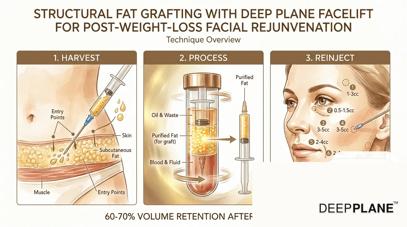 Medizinische Illustration in drei Tafeln zur strukturellen Fetttransplantation: Entnahme aus dem Unterbauch mittels Kanüle; Verarbeitung mittels Zentrifuge, die Öl-, Fett- und Blutschichten trennt; Re-Injektion in Wangen, Schläfen, Augenringe und den Bereich vor den Hängebäckchen mit Volumenmarkierungen