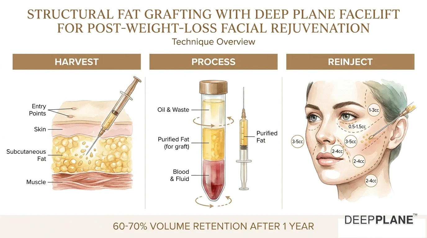 Three-panel medical illustration of structural fat grafting: harvest from lower abdomen via cannula; processing via centrifuge separating oil, fat, and blood layers; reinjection into cheeks, temples, under-eye hollows, and pre-jowl area with volume markers