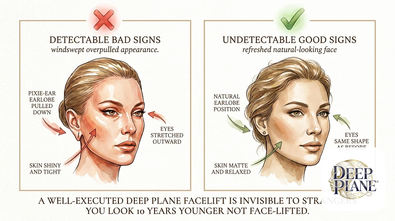 Detectable bad signs vs undetectable good signs of facelift comparison: detectable side shows windswept overpulled face with pixie-ear earlobe pulled down, skin shiny and tight, eyes stretched outward; undetectable side shows refreshed natural face with natural earlobe position, skin matte and relaxed, eyes same shape; a well-executed deep plane facelift is invisible to strangers — you look 10 years younger, not face-lifted