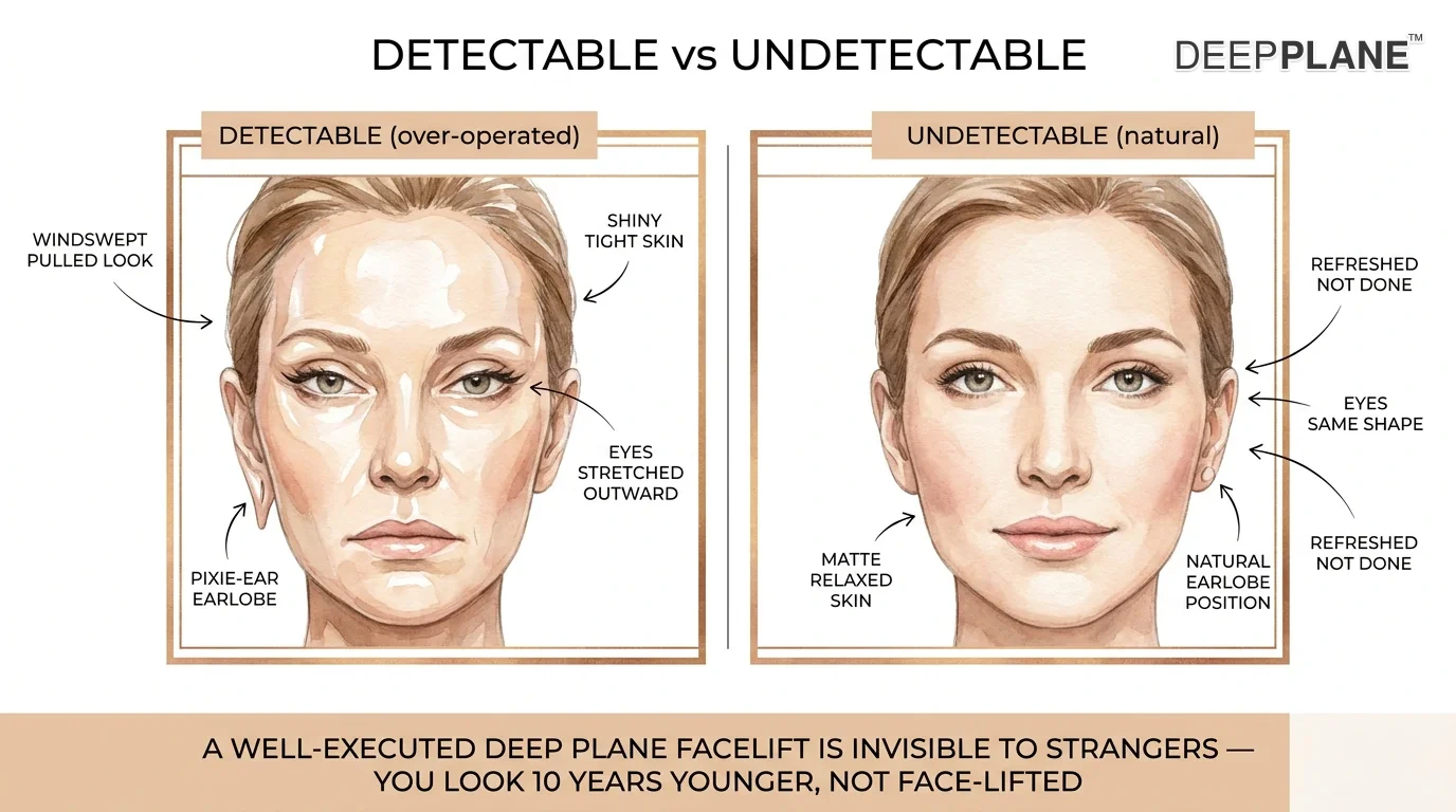 Detectable versus undetectable facelift signs: the detectable side shows a windswept, overpulled look while the undetectable side looks natural.