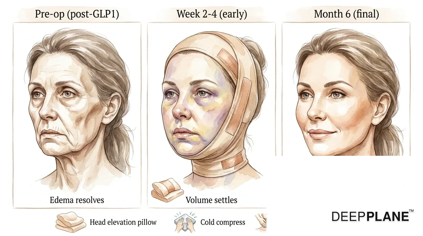 Dreiteilige Gesichts-Erholungs-Trajektorie nach deep plane Facelift plus struktureller Fetttransplantation: präoperativer, eingefallener und hohlwangiger Ausgangspunkt, Woche 2 bis 4 zeigt Übergangsschwellungen und Blutergüsse, Monat 6 Endergebnis mit wiederhergestelltem Wangenvolumen und erfrischtem natürlichem Aussehen – unterstützende Hilfsmittel unten dargestellt: Kopferhöhungskissen, kalte Kompresse, sanfte manuelle Lymphdrainage