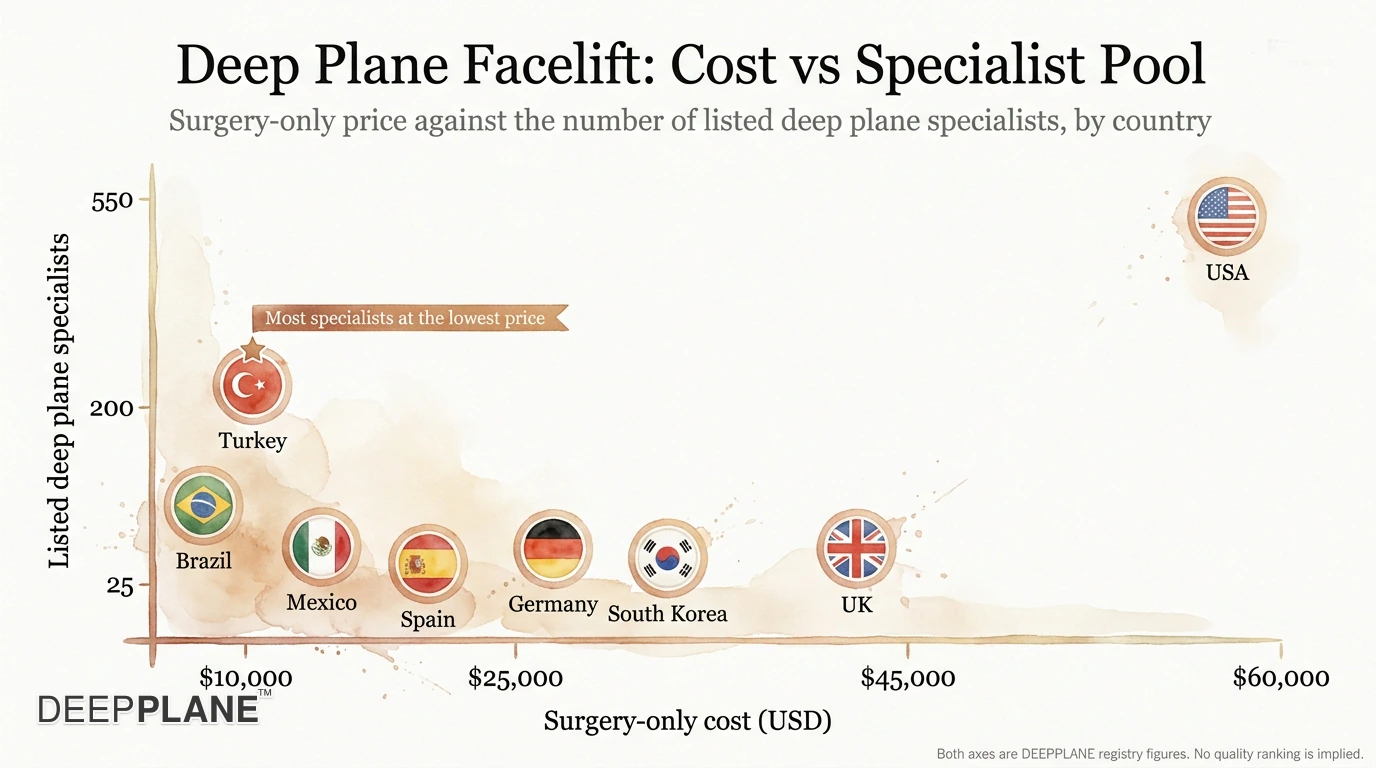 Scatter chart plotting eight countries by deep plane facelift surgery-only cost against the number of listed deep plane specialists: Turkey highest on the specialist axis at the lowest price, Brazil and Mexico nearby, Spain Germany South Korea and the UK rising in price, and the USA far right with the largest listed pool. Both axes are registry figures and no quality ranking is implied.