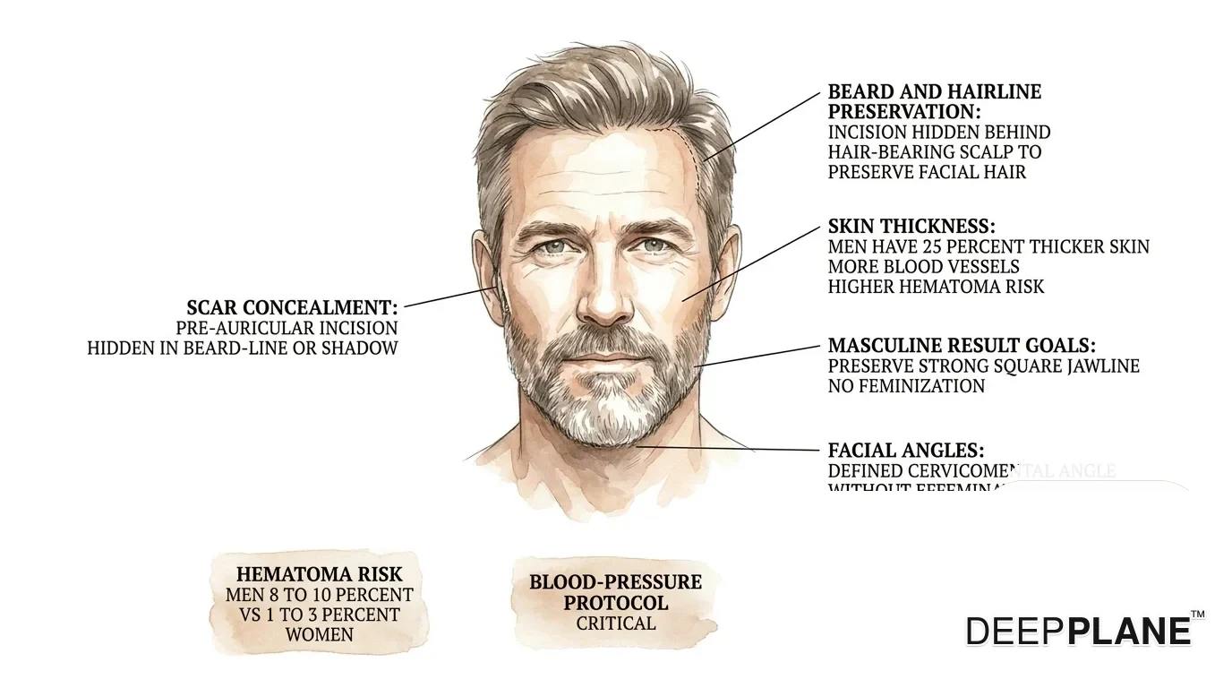 Male facelift considerations: thicker skin, beard preservation, higher hematoma risk, masculine result goals