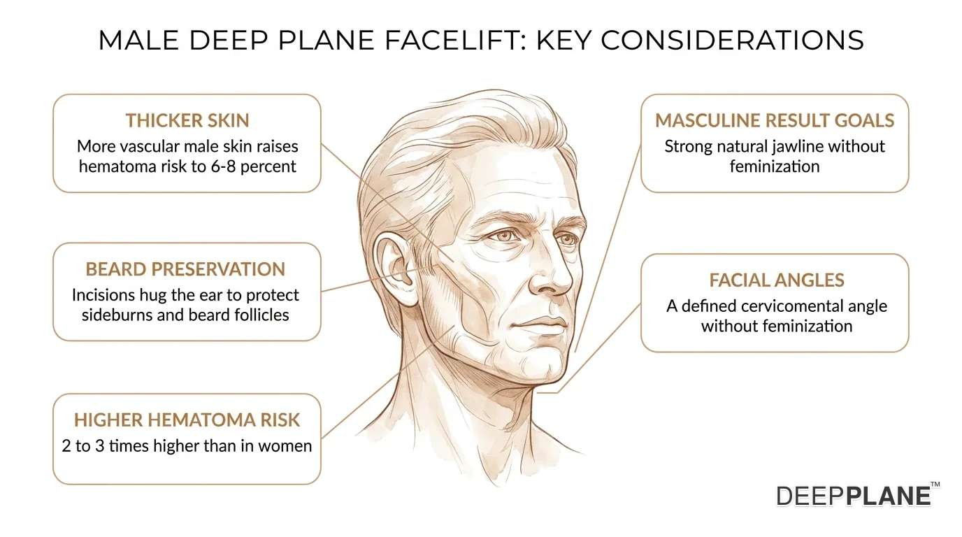 Male facelift considerations: thicker skin, beard preservation, higher hematoma risk, masculine result goals