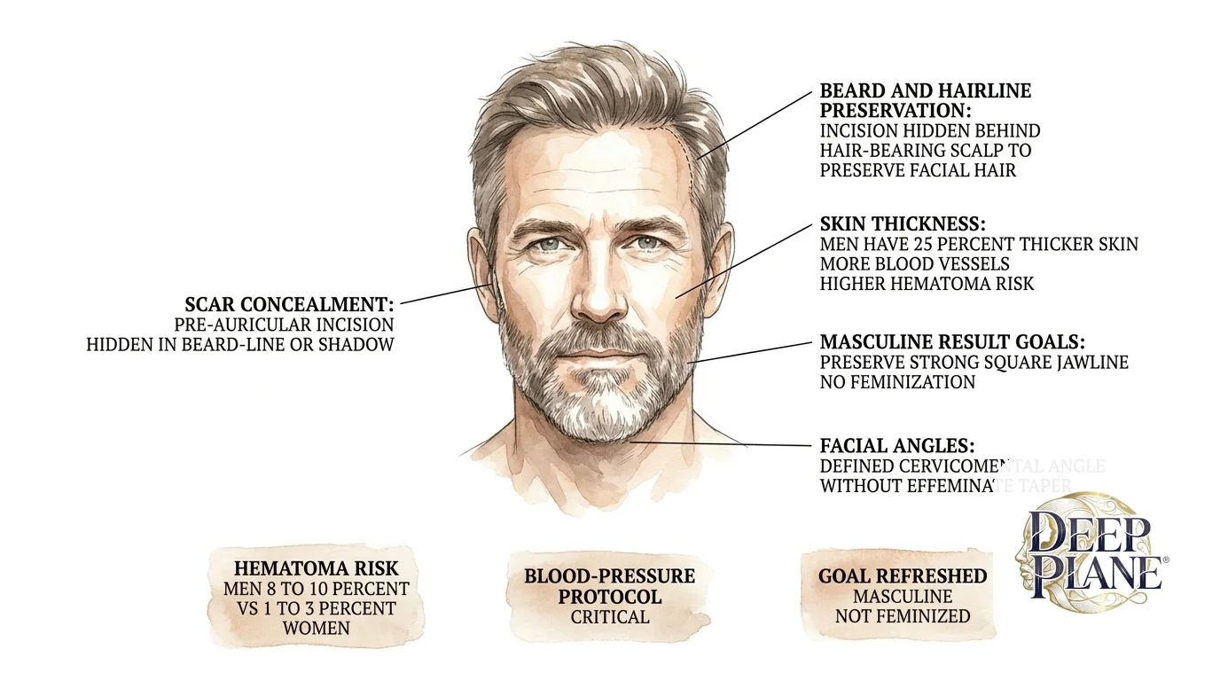 Male facelift considerations: thicker skin, beard preservation, higher hematoma risk, masculine result goals