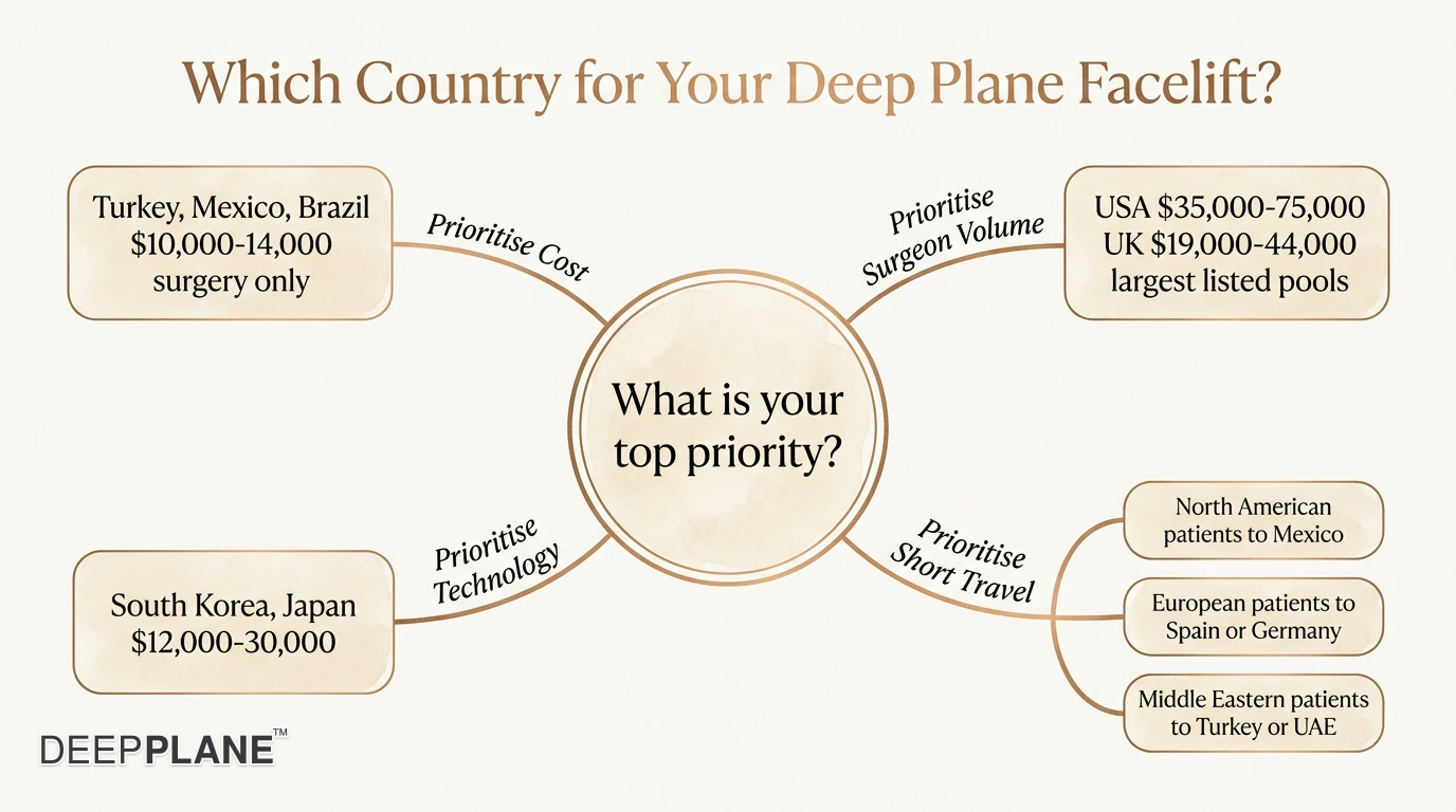 Decision-tree infographic for picking the right country for a deep plane facelift, branching by patient priority: prioritise cost leads to Turkey Mexico Brazil at ten to fourteen thousand US dollars, prioritise surgeon volume leads to the USA at thirty-five to seventy-five thousand and the UK at nineteen to forty-four thousand US dollars, the largest listed specialist pools, prioritise technology leads to South Korea Japan at twelve to thirty thousand US dollars, prioritise short travel splits to Mexico for North American patients, Spain or Germany for European patients, and Turkey or UAE for Middle Eastern patients