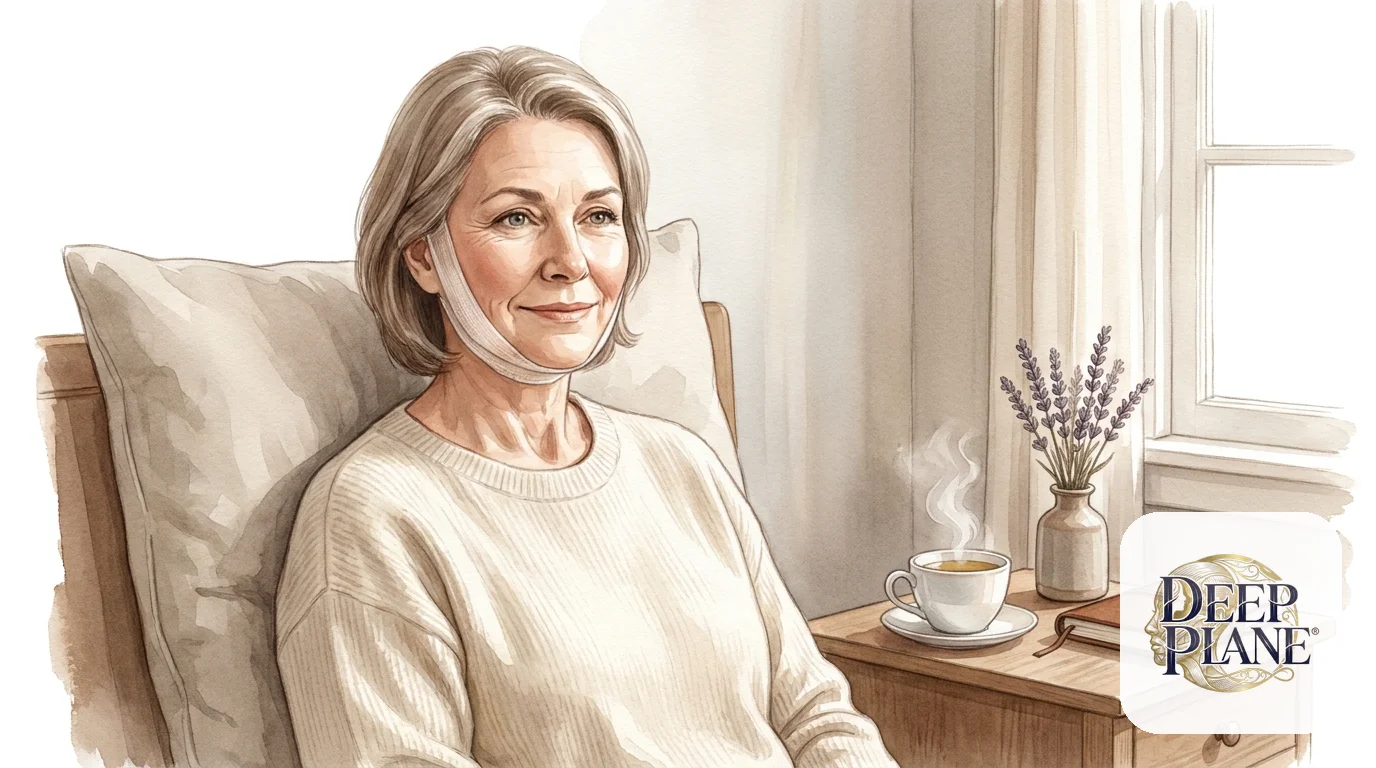 Watercolor portrait of a calm woman in her late 50s recovering at home from a deep plane facelift, sitting up in soft morning light against a linen pillow with herbal tea and dried lavender on the bedside table