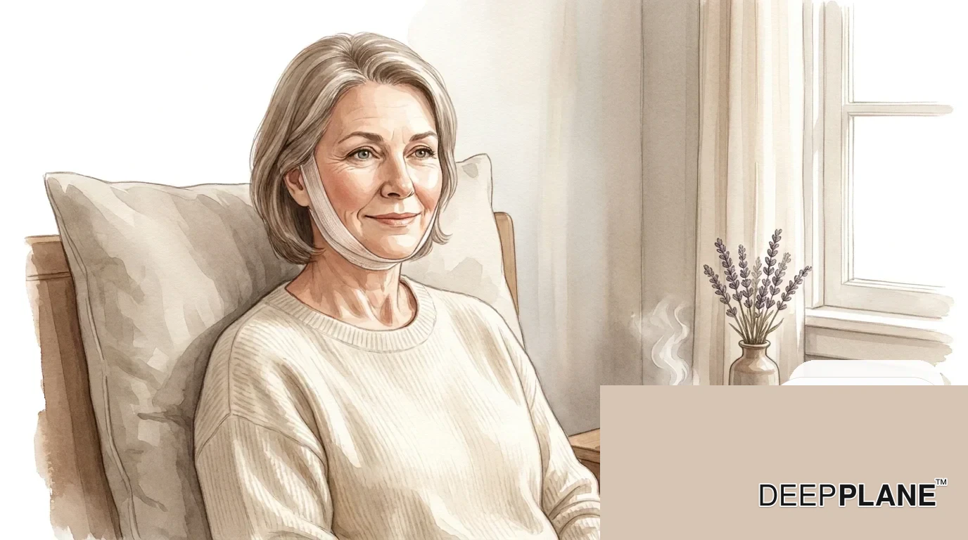 Aquarellporträt einer ruhigen Frau in ihren späten 50ern, die sich zu Hause von einem deep plane Facelift erholt, aufrecht im sanften Morgenlicht an einem Leinenkissen sitzend, mit Kräutertee und getrocknetem Lavendel auf dem Nachttisch